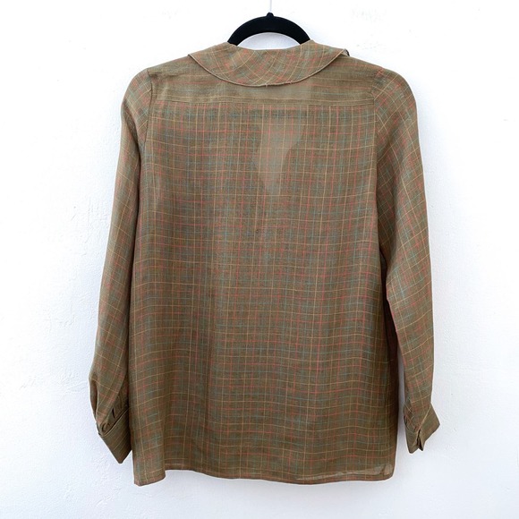 Vintage 70's Gucci Plaid Ruffle Front Shirt Top Long Sleeve Linen Brown Size 40 - Picture 7 of 7